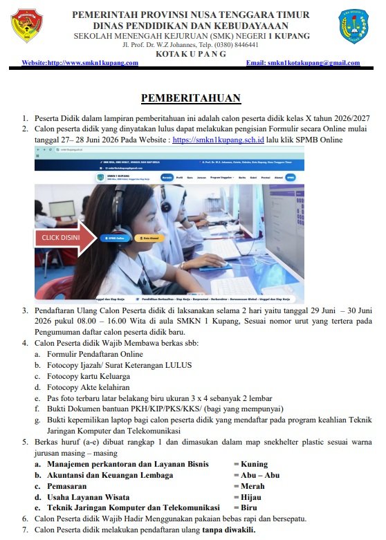 Informasi Kelulusan Calon Peserta Didik Baru TP 2026-2027 (SPMB) SMKN 1 KUPANG